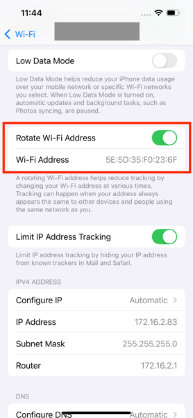 Example of Apple's new Rotate Wi-Fi Address Feature.